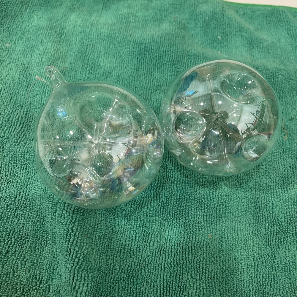 2 Vintage Silvestri Blown Glass Trumpet Indent Christmas Ornament Ball Snowflake